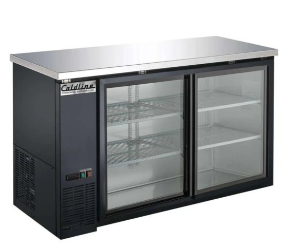 Coldline Back Bar Refrigerator, two-section, 60-4/5"W, 19.6 cu. ft. capacity, side mounted self-contained refrigeration, stainless steel top, (2) glass sliding doors, (4) epoxy-coated adjustable wire shelves, 33° to 41°F temperature range, digital temperature control, automatic defrost, black exterior, stainless steel interior, R290 Hydrocarbon refrigerant, 1/5 HP, 115v/60/1-ph, 2.88 amps, cord, NEMA 5-15P, NSF, cETLus, ETL-Sanitation