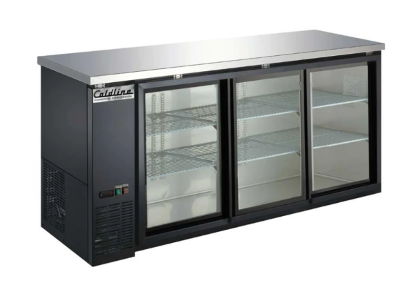 Coldline Back Bar Refrigerator, three-section, 72-4/5"W, 19.6 cu. ft. capacity, side mounted self-contained refrigeration, stainless steel top, (3) glass sliding doors, (6) epoxy-coated adjustable wire shelves, 33° to 41°F temperature range, digital temperature control, automatic defrost, black exterior, stainless steel interior, R290 Hydrocarbon refrigerant, 1/4 HP, 115v/60/1-ph, 3.96 amps, cord, NEMA 5-15P, NSF, cETLus, ETL-Sanitation