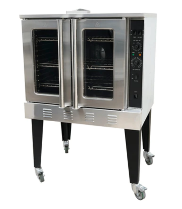 Cookline Convection Oven, natural gas, single deck, (3) 18,000 BTU direct fired inshot burners, 167° to 563°F temperature range, 60-minute electric timer with bell, (2) dual pane thermal glass hinged doors, (4) chrome-plated racks, 2-speed motor, removable rack guides, cool down function, interior light, automatic ignition, micro shut-off switch, stainless steel front & sides, porcelain interior, (4) legs & (4) casters, 1/2 HP, 54,000 BTU, 120v/60/1-ph, 9.3 amps, cord, NEMA 5-15P, NSF, cETLus, ETL-Sanitation