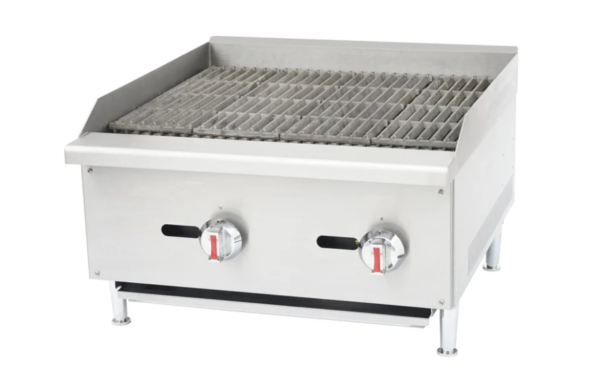 Cookline Charbroiler, natural gas, radiant, 24"W, (2) steel U-shape burners, cast iron grate, standby pilot, front grease channel, stainless steel oil collector, brass control valve, gas regulator, stainless steel splash guard, stainless steel front and sides, (4) adjustable heavy duty legs, 60,000 BTU, NSF, cETLus, ETL-Sanitation