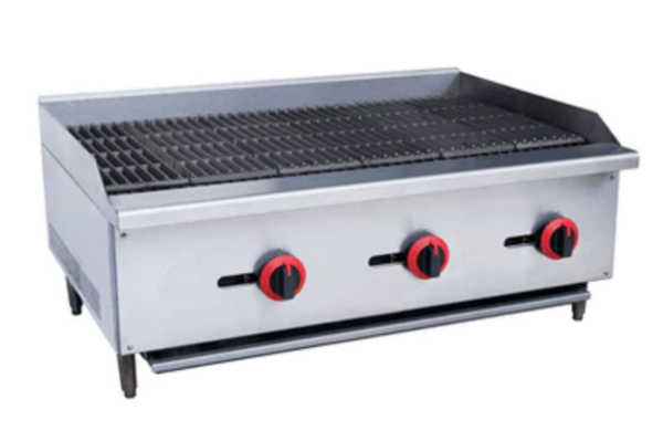 Cookline Charbroiler, natural gas, countertop radiant, 36"W, (3) steel U-shape burners, cast iron grate, standby pilot, front grease trough, stainless steel oil collector, brass control valve, gas regulator, stainless steel splash guard, stainless steel front and sides, (4) adjustable heavy duty legs, 90,000 BTU, NSF, cETLus, ETL-Sanitation