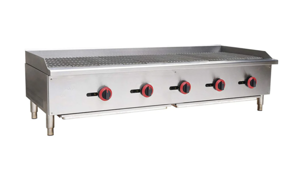 Cookline Gas Countertop Radiant Charbroiler, natural gas, 60"W, (5) 30,000 BTU U-shape burner, 3⁄4” NPT rear gas connection, brass control valve, standby S/S pilot, manual control, fiberglass Nylon knobs, oil collector at the bottom, 250° to 550°F temperature range, stainless steel front and sides, 150,000 BTU, NSF, cETLus, ETL-Sanitation