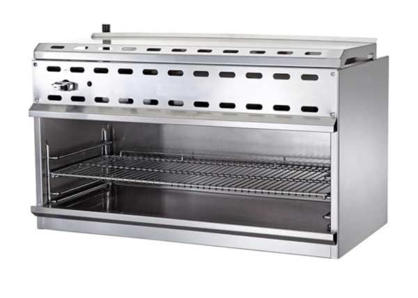 Cookline Cheese Melter/Salamander Broiler, natural gas, 36"W, (1) 30,000 BTU gas infrared burner, 3⁄4” NPT rear gas connection, three rack positions, manual control, zinc alloy knob with chrome coating, oil collector at the bottom, 250° to 550°F temperature range, standby pilot, 30,000 BTU, NSF, cETLus, ETL-Sanitation