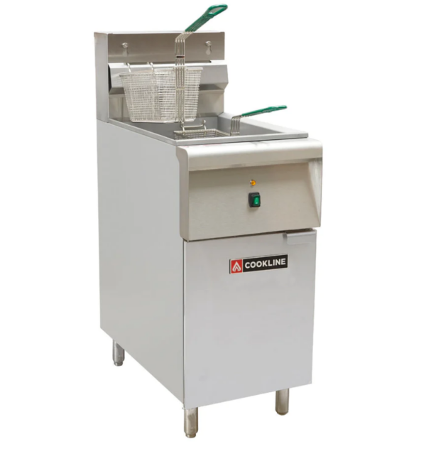 Cookline Fryer, electric, 15-3/4"W, free standing, 40 lb. oil capacity, manual controls, 200° to 400°F temperature range, includes: (2) baskets, basket hanger, temperature probe, stainless steel front & sides, (4) adjustable legs, 14kW, 240v/60/3-ph & 208V/60HZ/3-ph available, 34 amps, NSF, cETLus, ETL-Sanitation