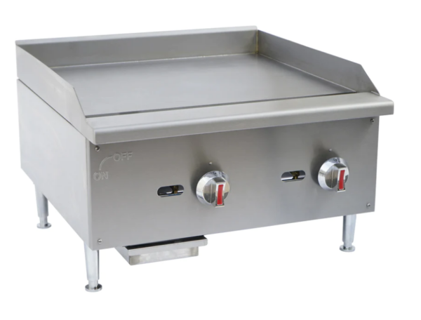 Cookline Griddle, natural gas, countertop, 24"W x 19"D cooking surface, 5/8" thick polished stainless steel griddle plate, (2) steel U-shape burners, front grease trough, standby pilot, manual control knobs, stainless steel drip tray, stainless steel splash guard, includes: gas regulator, stainless steel front & sides, adjustable legs, 60,000 BTU, NSF, cETLus, ETL-Sanitation