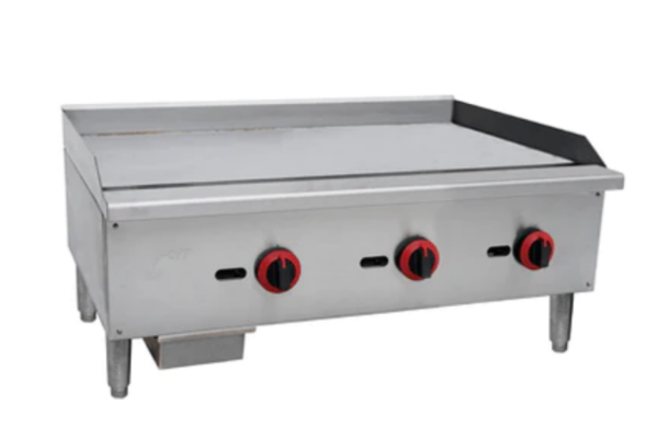 Cookline Griddle, countertop, 36"W x 19"D cooking surface, 5/8" thick polished stainless steel griddle plate, (3) steel U-shape burners, front grease trough, standby pilot, manual control knobs, stainless steel drip tray, stainless steel splash guard, includes: gas regulator, stainless steel front & sides, adjustable legs, 90,000 BTU, NSF, cETLus, ETL-Sanitation