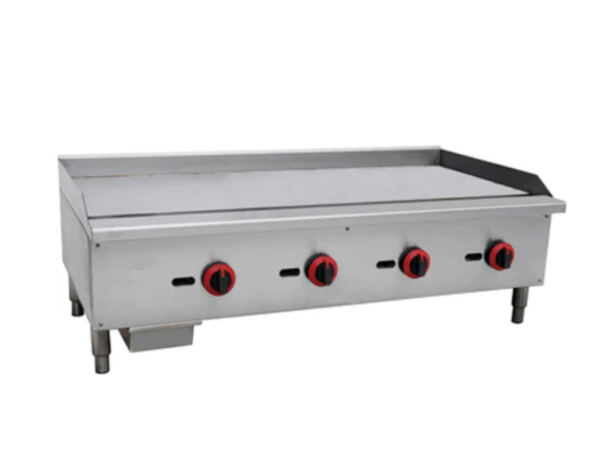 Cookline Griddle, natural gas, countertop, 48"W x 19"D cooking surface, 5/8" thick polished stainless steel griddle plate, (4) steel U-shape burners, front grease trough, standby pilot, manual control knobs, stainless steel drip tray, stainless steel splash guard, includes: gas regulator, stainless steel front & sides, adjustable legs, 120,000 BTU, NSF, cETLus, ETL-Sanitation