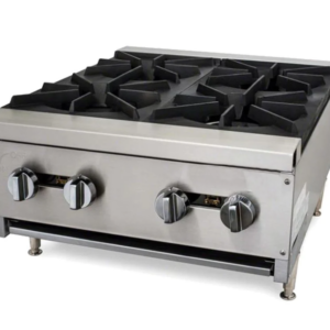 Cookline Hotplate, countertop, 23-3/5"W, (4) 25,000 BTU burners, cast iron grates, manual controls, standby pilot, full width crumb tray, includes: gas regulator, stainless steel front & sides, adjustable legs, 100,000 BTU, NSF, cETLus, ETL-Sanitation