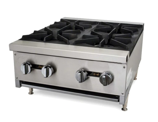 Cookline Hotplate, countertop, 23-3/5"W, (4) 25,000 BTU burners, cast iron grates, manual controls, standby pilot, full width crumb tray, includes: gas regulator, stainless steel front & sides, adjustable legs, 100,000 BTU, NSF, cETLus, ETL-Sanitation