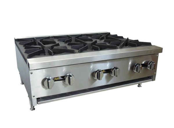 Cookline Hotplate, countertop, 35-2/5"W, (6) 25,000 BTU burners, cast iron grates, manual controls, standby pilot, full width crumb tray, includes: gas regulator, stainless steel front & sides, adjustable legs, 150,000 BTU, NSF, cETLus, ETL-Sanitation