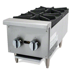 Cookline Hotplate, countertop, 11-7/8"W, (2) 25,000 BTU burners, cast iron grates, manual controls, standby pilot, full width crumb tray, includes: gas regulator, stainless steel front & sides, adjustable legs, 50,000 BTU, NSF, cETLus, ETL-Sanitation