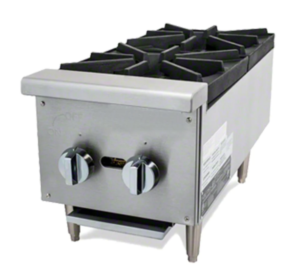 Cookline Hotplate, countertop, 11-7/8"W, (2) 25,000 BTU burners, cast iron grates, manual controls, standby pilot, full width crumb tray, includes: gas regulator, stainless steel front & sides, adjustable legs, 50,000 BTU, NSF, cETLus, ETL-Sanitation