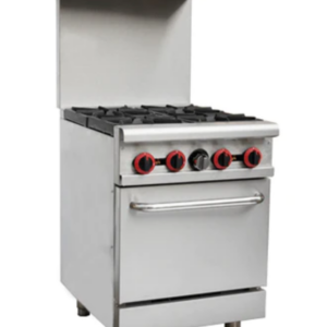 Cookline Restaurant Range, 24"W, (4) 30,000 BTU cast iron open burners, standard oven with U-shape 31,000 BTU/hr burner, thermostat controlled, 250° to 550°F temperature range, thermal coupling safety valve, standby pilot, pull-out crumb tray, welded frame, stainless steel handle & oven door, kick plate, stainless steel front, sides, back riser & shelf, adjustable legs, 151,000 BTU, NSF, cETLus, ETL-Sanitation