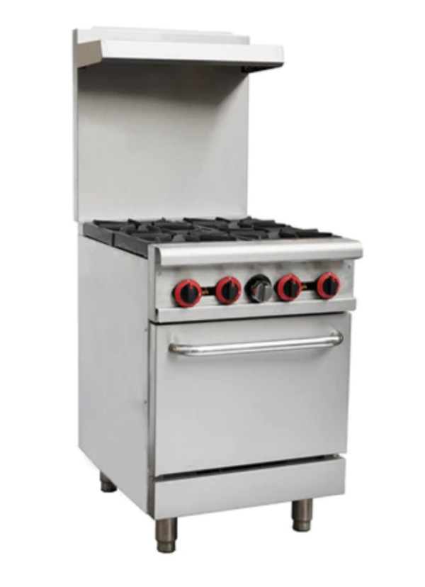 Cookline Restaurant Range, 24"W, (4) 30,000 BTU cast iron open burners, standard oven with U-shape 31,000 BTU/hr burner, thermostat controlled, 250° to 550°F temperature range, thermal coupling safety valve, standby pilot, pull-out crumb tray, welded frame, stainless steel handle & oven door, kick plate, stainless steel front, sides, back riser & shelf, adjustable legs, 151,000 BTU, NSF, cETLus, ETL-Sanitation