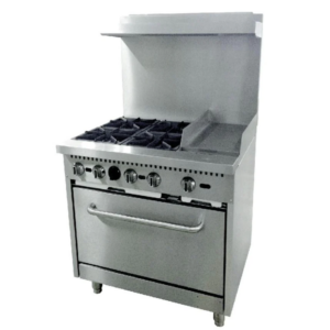 Cookline Restaurant Range, 36"W, (4) 30,000 BTU cast iron open burners, 12" right-hand griddle plate 3/4" thick with splash guard, standard oven with U-shape 31,000 BTU/hr burner, thermostat controlled, 250° to 550°F temperature range, thermal coupling safety valve, standby pilot, pull-out crumb tray, welded frame, stainless steel handle & oven door, kick plate, stainless steel front, sides, back riser & shelf, adjustable legs, 171,000 BTU, NSF, cETLus, ETL-Sanitation