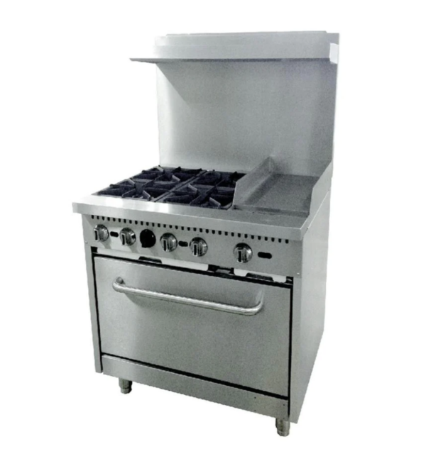 Cookline Restaurant Range, 36"W, (4) 30,000 BTU cast iron open burners, 12" right-hand griddle plate 3/4" thick with splash guard, standard oven with U-shape 31,000 BTU/hr burner, thermostat controlled, 250° to 550°F temperature range, thermal coupling safety valve, standby pilot, pull-out crumb tray, welded frame, stainless steel handle & oven door, kick plate, stainless steel front, sides, back riser & shelf, adjustable legs, 171,000 BTU, NSF, cETLus, ETL-Sanitation