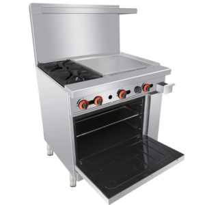 Cookline Restaurant Range, 36"W, (2) 30,000 BTU cast iron open burners, 24" right-hand griddle plate 3/4" thick with splash guard, standard oven with U-shape 31,000 BTU/hr burner, thermostat controlled, 250° to 550°F temperature range, thermal coupling safety valve, standby pilot, pull-out crumb tray, welded frame, stainless steel handle & oven door, kick plate, stainless steel front, sides, back riser & shelf, adjustable legs, 131,000 BTU, NSF, cETLus, ETL-Sanitation