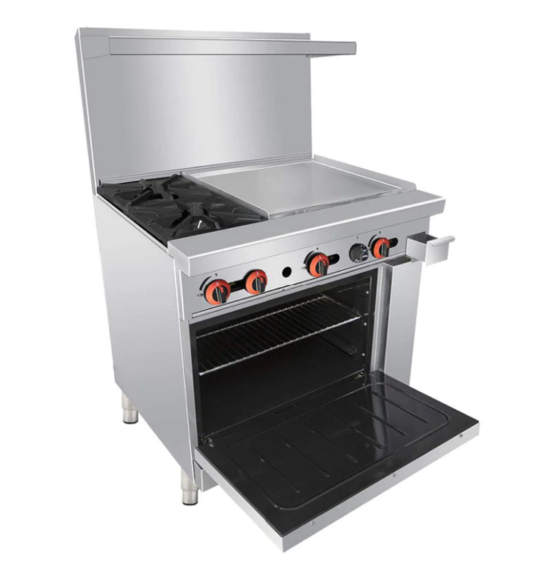 Cookline Restaurant Range, 36"W, (2) 30,000 BTU cast iron open burners, 24" right-hand griddle plate 3/4" thick with splash guard, standard oven with U-shape 31,000 BTU/hr burner, thermostat controlled, 250° to 550°F temperature range, thermal coupling safety valve, standby pilot, pull-out crumb tray, welded frame, stainless steel handle & oven door, kick plate, stainless steel front, sides, back riser & shelf, adjustable legs, 131,000 BTU, NSF, cETLus, ETL-Sanitation