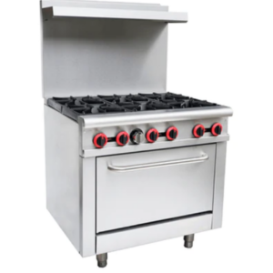 Cookline Restaurant Range, 36"W, (6) 30,000 BTU cast iron open burners, standard oven with U-shape 31,000 BTU/hr burner, thermostat controlled, 250° to 550°F temperature range, thermal coupling safety valve, standby pilot, pull-out crumb tray, welded frame, stainless steel handle & oven door, kick plate, stainless steel front, sides, back riser & shelf, adjustable legs, 211,000 BTU, NSF, cETLus, ETL-Sanitation