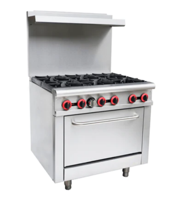 Cookline Restaurant Range, 36"W, (6) 30,000 BTU cast iron open burners, standard oven with U-shape 31,000 BTU/hr burner, thermostat controlled, 250° to 550°F temperature range, thermal coupling safety valve, standby pilot, pull-out crumb tray, welded frame, stainless steel handle & oven door, kick plate, stainless steel front, sides, back riser & shelf, adjustable legs, 211,000 BTU, NSF, cETLus, ETL-Sanitation