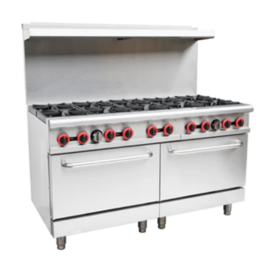 Cookline Restaurant Range, 60"W, (10) 30,000 BTU cast iron open burners, (2) standard ovens with U-shape 31,000 BTU/hr burner, thermostat controlled, 250° to 550°F temperature range, thermal coupling safety valve, standby pilot, pull-out crumb tray, welded frame, stainless steel handle & oven door, kick plate, stainless steel front, sides, back riser & shelf, adjustable legs, 362,000 BTU, NSF, cETLus, ETL-Sanitation