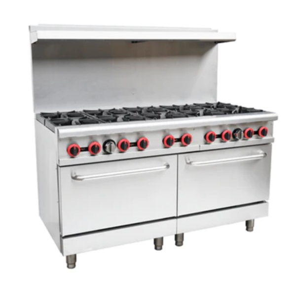 Cookline Restaurant Range, 60"W, (10) 30,000 BTU cast iron open burners, (2) standard ovens with U-shape 31,000 BTU/hr burner, thermostat controlled, 250° to 550°F temperature range, thermal coupling safety valve, standby pilot, pull-out crumb tray, welded frame, stainless steel handle & oven door, kick plate, stainless steel front, sides, back riser & shelf, adjustable legs, 362,000 BTU, NSF, cETLus, ETL-Sanitation