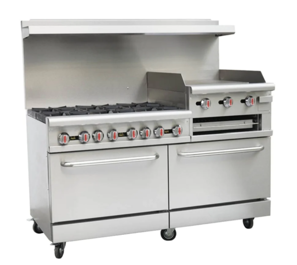 Cookline Restaurant Range, 60"W, (6) 30,000 BTU cast iron open burners, 24" raised right-hand broiler/griddle plate 3/4" thick with splash guard, (2) standard ovens with U-shape 31,000 BTU/hr burner, thermostat controlled, 250° to 550°F temperature range, thermal coupling safety valve, standby pilot, pull-out crumb tray, welded frame, stainless steel handle & oven door, kick plate, stainless steel front, sides, back riser & shelf, adjustable legs, 278,000 BTU, NSF, cETLus, ETL-Sanitation