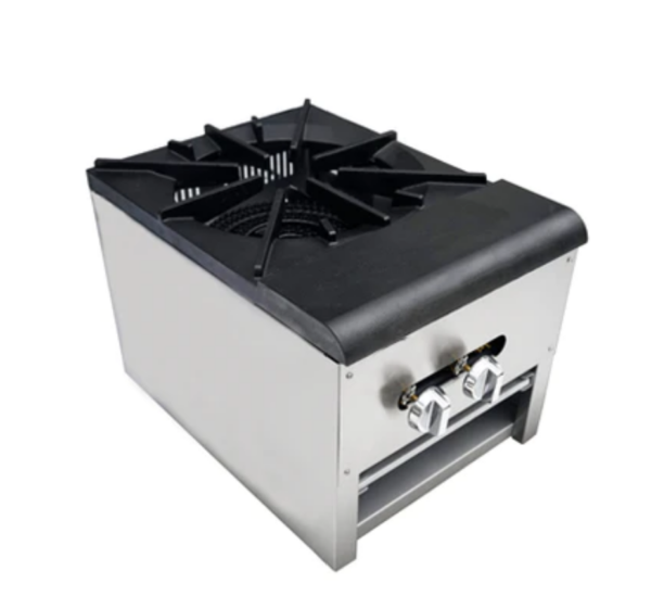 Cookline Stock Pot Range, single two-piece ring burner, cast iron grate, standby pilot, manual control knobs, crumb tray, open front cabinet base, includes: regulator, stainless steel front & sides, adjustable legs, 110,000 BTU, NSF, cETLus, ETL-Sanitation