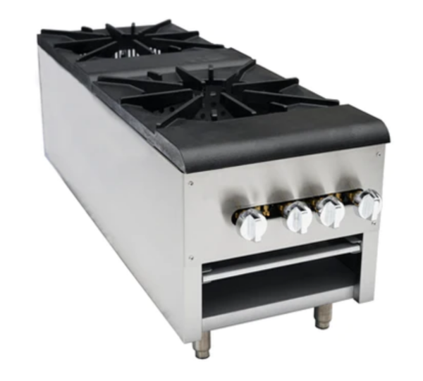 Cookline Stock Pot Range, (2) single two-piece ring burners, cast iron grate, standby pilot, manual control knobs, crumb tray, open front cabinet base, includes: regulator, stainless steel front & sides, adjustable legs, 220,000 BTU, NSF, cETLus, ETL-Sanitation