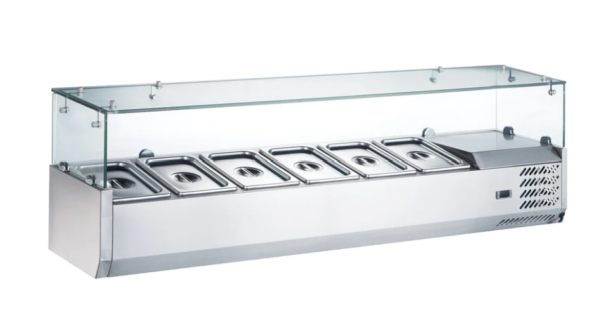 Coldline Countertop Salad Bar, Glass Topping Rail, 59" W, (6) 1/3 Size Pans capacity, side mounted self-contained mounted refrigeration, 33° to 41°F temperature range, digital temperature control, automatic defrost, stainless steel exterior, stainless steel interior, R600a Hydrocarbon refrigerant, 1/6 HP, 115v/60/1-ph, 1.6 amps, 60" cord length, NEMA 5-15P, cETLus, ETL-Sanitation