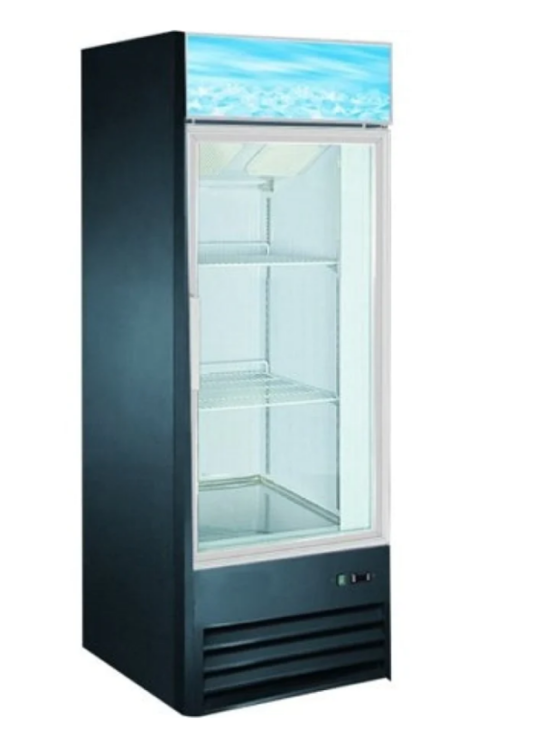 Coldline Freezer Merchandiser, one-section, 26-4/5"W, 8.5 cu. ft. capacity, bottom mounted self-contained mounted refrigeration, (1) self-closing glass hinged door with 90° stay open feature, (4) PVC coated adjustable wire shelves, -10° to 0°F temperature range, digital temperature control, automatic defrost, LED interior light, black exterior(white exterior also available), white interior with stainless steel floor, leveling feet, R290 Hydrocarbon refrigerant, 1/4 HP, 115v/60/1-ph, 3.5 amps, cord, NEMA 5-15P, NSF, cETLus, ETL-Sanitation