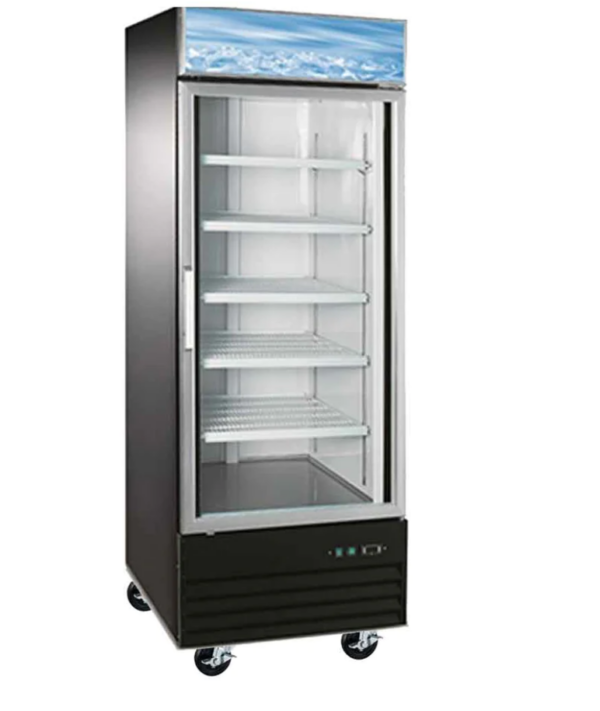 Coldline Freezer Merchandiser, one-section, 30-4/5"W, 23.0 cu. ft. capacity, bottom mounted self-contained mounted refrigeration, (1) self-closing glass hinged door with 90° stay open feature, (4) PVC coated adjustable wire shelves, -10° to 0°F temperature range, digital temperature control, automatic defrost, LED interior light, black exterior(white exterior also available), white interior with stainless steel floor, (4) casters (2 with brakes), R290 Hydrocarbon refrigerant, 3/4 HP, 115v/60/1-ph, 9.4 amps, cord, NEMA 5-15P, NSF, cETLus, ETL-Sanitation