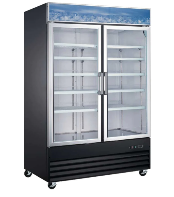 Coldline Freezer Merchandiser, two-section, 53-1/8"W, 45.0 cu. ft. capacity, bottom mounted self-contained mounted refrigeration, (2) self-closing glass hinged doors with 90° stay open feature, (8) PVC coated adjustable wire shelves, -10° to 0°F temperature range, digital temperature control, automatic defrost, LED interior light, black exterior(white exterior also available), white interior with stainless steel floor, (4) casters (2 with brakes), R290 Hydrocarbon refrigerant, 1 HP, 115v/60/1-ph, 9.2 amps, cord, NEMA 5-15P, NSF, cETLus, ETL-Sanitation