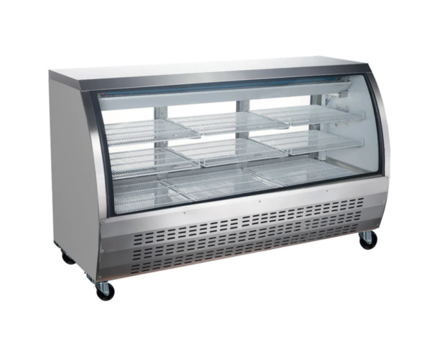 Coldline Refrigerated Deli Display Case, 64-3/10"W, 21.9 cu. ft. capacity, bottom mounted self-contained mounted refrigeration, curved front tempered glass, sliding rear doors, (9) PVC coated adjustable wire shelves, 35.6° to 46.4°F temperature range, digital temperature control, automatic defrost, LED interior lighting, black/white/stainless steel exterior, aluminum liner interior with stainless steel floor, (4) casters (2 with brakes), R290 Hydrocarbon refrigerant, 3/5 HP, 115v/60/1-ph, 7.14 amps, cord, NEMA 5-15P, cETLus, ETL-Sanitation