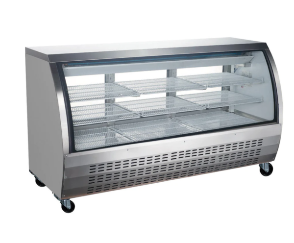 Coldline Refrigerated Deli Display Case, 78-4/5"W, 21.0 cu. ft. capacity, bottom mounted self-contained mounted refrigeration, curved front tempered glass, sliding rear doors, (9) PVC coated adjustable wire shelves, 35.6° to 46.4°F temperature range, digital temperature control, automatic defrost, LED interior lighting, black/white/stainless steel exterior with stainless steel trim, aluminum liner interior with stainless steel floor, (6) casters (3 with brakes), R290 Hydrocarbon refrigerant, 3/4 HP, 115v/60/1-ph, 5.9 amps, cord, NEMA 5-15P, cETLus, ETL-Sanitation