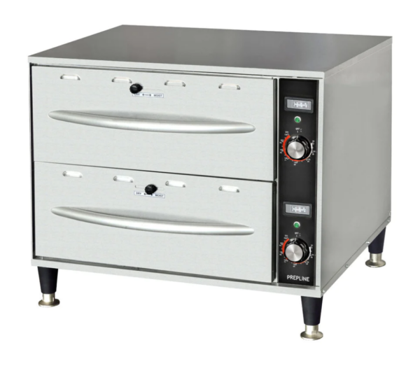 Prepline Drawer Warmer, 27.75"W, two-drawer, indicator lamp and vent controls, 80-220°F temperature range, adjustable feet, stainless steel construction, (2)12"x 20"x 6" stainless steel pan included, 120v/60hz/1ph, 7.5 amps, 900W, NEMA 5-15P, NSF