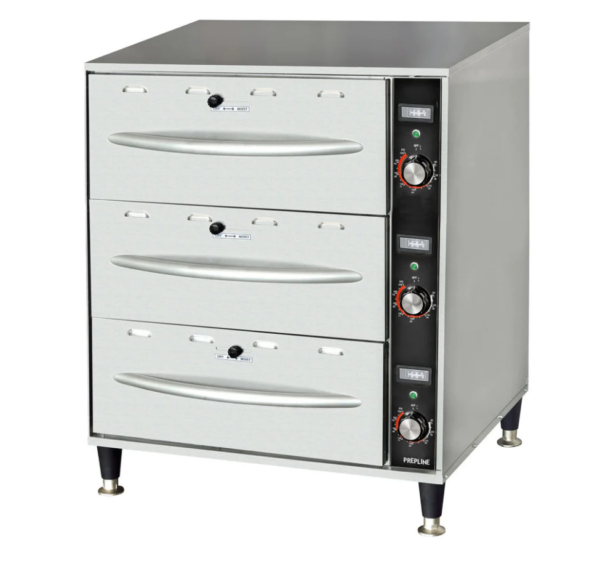 Prepline Drawer Warmer, 27.75"W, three-drawer, indicator lamp and vent controls, 80-220°F temperature range, adjustable feet, stainless steel construction, (3)12"x 20"x 6" stainless steel pan included, 120v/60hz/1ph, 11.25 amps, 1350W, NEMA 5-15P, NSF