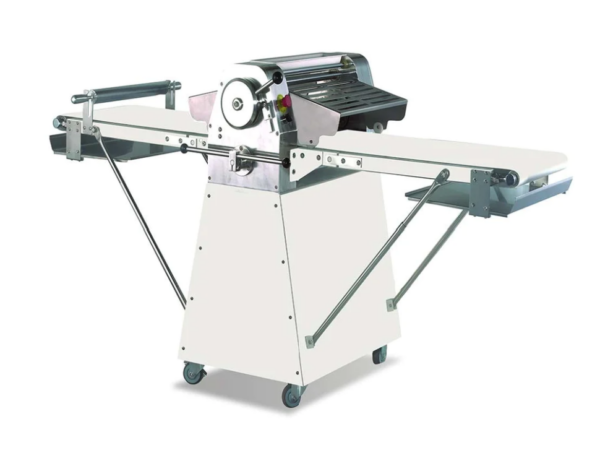 Prepline Dough Sheeter, floor model, 108"W, 11 lb. max dough capacity, fixed conveyor speed, reversible, manual roller adjustment, foldable tables, safety guards, emergency stop button, thermal overload device, painted steel exterior, (4) casters (2 with brakes), 3/4 HP, 560 watts, 120v/60/1-ph, 7.5 amps, cord, NEMA 5-15P, CE