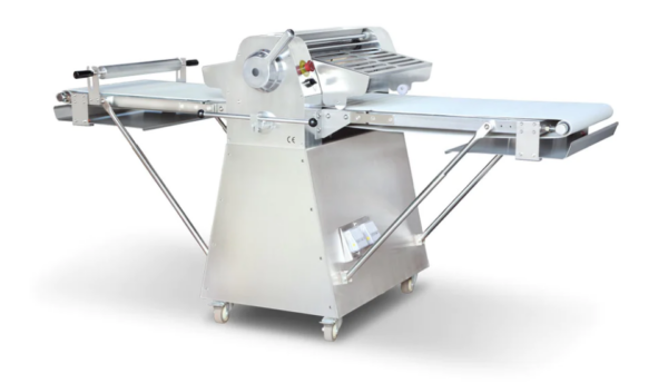 Prepline Dough Sheeter, floor model, 108"W, 11 lb. max dough capacity, fixed conveyor speed, reversible, manual roller adjustment, foldable tables, safety guards, emergency stop button, thermal overload device, stainless steel exterior, (4) casters (2 with brakes), 3/4 HP, 560 watts, 120v/60/1-ph, 7.5 amps, cord, NEMA 5-15P, CE