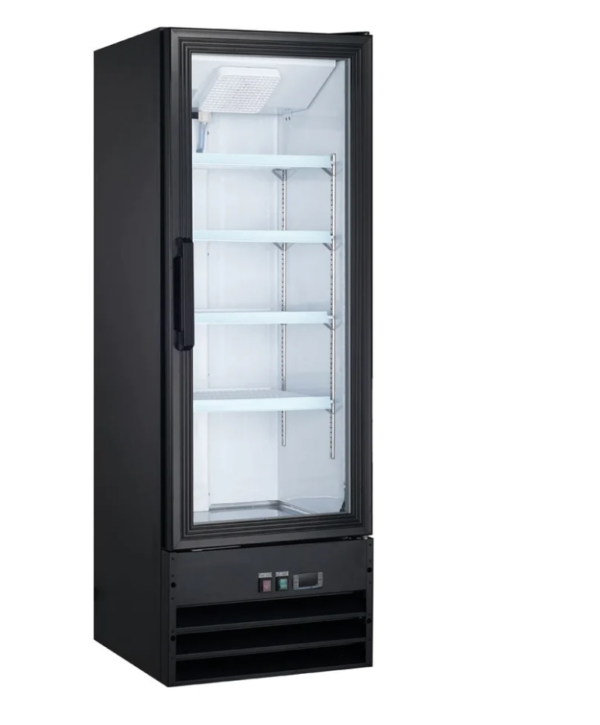 Coldline Refrigerator Merchandiser, one-section, 21-3/5"W, 9.1 cu. ft. capacity, bottom mounted self-contained mounted refrigeration, (1) self-closing glass hinged door with 90° stay open feature, (4) PVC coated adjustable wire shelves, 33° to 41°F temperature range, digital temperature control, automatic defrost, LED interior light, black exterior(white exterior also available), white interior with stainless steel floor, leveling feet, R290 Hydrocarbon refrigerant, 1/5 HP, 115v/60/1-ph, 2.88 amps, cord, NEMA 5-15P, NSF, cETLus, ETL-Sanitation