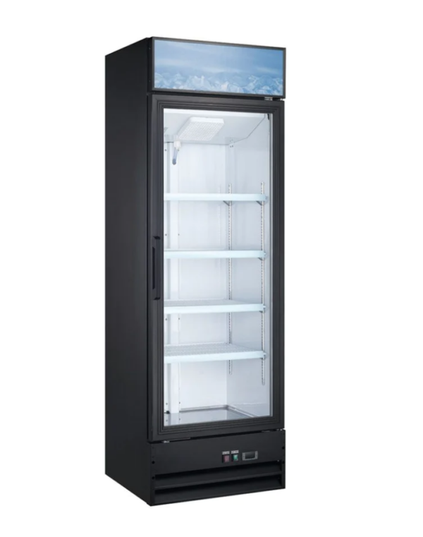 Coldline Refrigerator Merchandiser, one-section, 25-3/5"W, 14.0 cu. ft. capacity, bottom mounted self-contained mounted refrigeration, (1) self-closing glass hinged door with 90° stay open feature, (4) PVC coated adjustable wire shelves, 33° to 41°F temperature range, digital temperature control, automatic defrost, LED interior light, black exterior(white exterior also available), white interior with stainless steel floor, R290 Hydrocarbon refrigerant, 1/5 HP, 115v/60/1-ph, 2.88 amps, cord, NEMA 5-15P, cETLus, ETL-Sanitation