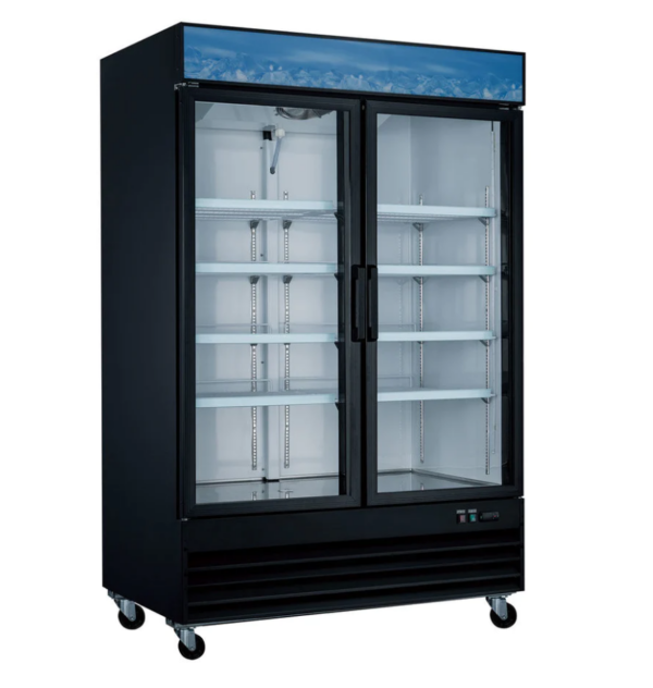 Coldline Refrigerator Merchandiser, two-section, 53-1/8"W, 45.0 cu. ft. capacity, bottom mounted self-contained mounted refrigeration, (2) self-closing glass hinged doors with 90° stay open feature, (8) PVC coated adjustable wire shelves, 33° to 41°F temperature range, digital temperature control, automatic defrost, LED interior light, black exterior(white exterior also available), white interior with stainless steel floor, (4) casters (2 with brakes), R290 Hydrocarbon refrigerant, 1/4 HP, 115v/60/1-ph, 4.3 amps, cord, NEMA 5-15P, NSF, cETLus, ETL-Sanitation