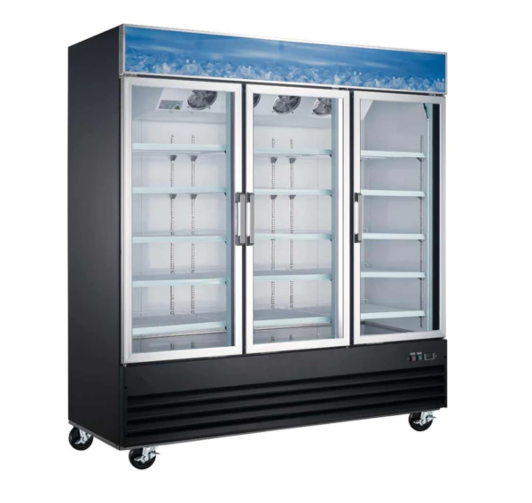 Coldline Refrigerator Merchandiser, three-section, 78-5/16"W, 70.0 cu. ft. capacity, bottom mounted self-contained mounted refrigeration, (2) self-closing glass hinged doors with 90° stay open feature, (12) PVC coated adjustable wire shelves, 33° to 41°F temperature range, digital temperature control, automatic defrost, LED interior light, black exterior(white exterior also available), white interior with stainless steel floor, (4) casters (2 with brakes), R290 Hydrocarbon refrigerant, 3/4 HP, 115v/60/1-ph, 16.3 amps, cord, NEMA 5-20P, NSF, cETLus, ETL-Sanitation