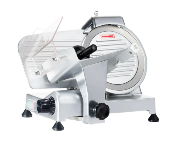 Prepline Semi-Automatic Electric Meat Slicer, 12"W blade, built-in sharpener, perspex proctector guard, waterproof and emergency shut-off switch, robust handle, anodized aluminum exterior, stainless steel blade, 45-degree feed tray, adjustable slice thickness, 250 RPM, 120v/60/1-ph, 250 wattage, NEMA 5-15P, cETLus, ETL-Sanitation