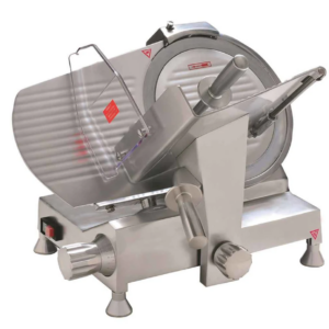 Prepline Semi-Automatic Electric Meat Slicer, 14"W blade, built-in sharpener, perspex proctector guard, belt driven, waterproof and emergency shut-off switch, robust handle, anodized aluminum exterior, stainless steel blade, 45-degree feed tray, adjustable slice thickness, 250 RPM, 120v/60/1-ph, 350 wattage, NEMA 5-15P, cETLus, ETL-Sanitation