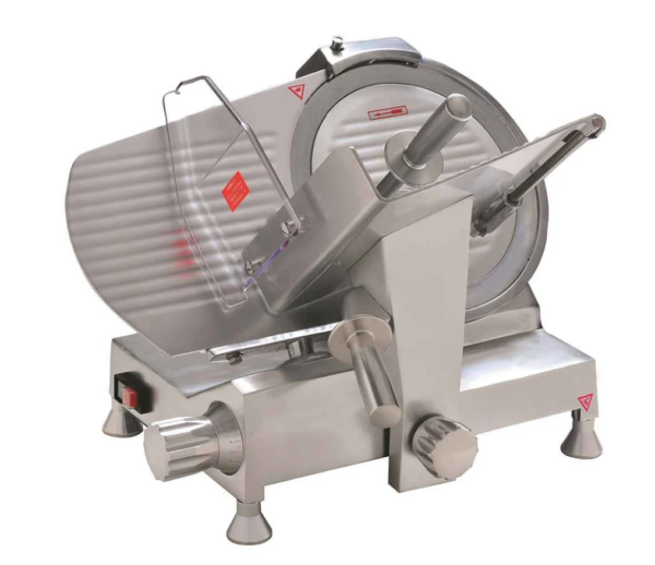 Prepline Semi-Automatic Electric Meat Slicer, 14"W blade, built-in sharpener, perspex proctector guard, belt driven, waterproof and emergency shut-off switch, robust handle, anodized aluminum exterior, stainless steel blade, 45-degree feed tray, adjustable slice thickness, 250 RPM, 120v/60/1-ph, 350 wattage, NEMA 5-15P, cETLus, ETL-Sanitation