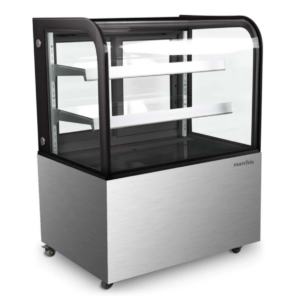 Marchia Refrigerated Bakery Display Case, 36"W, 10.4 cu. ft. capacity, bottom mounted self-contained mounted refrigeration, curved front tempered glass, sliding rear doors, (2) adjustable glass shelves, 36.6° to 47.4°F temperature range, digital temperature control, automatic defrost, LED interior lighting, stainless steel base, (4) casters (2 with brakes), R290 Hydrocarbon refrigerant, 480 watts, 110-120v/60/1-ph, 3.7 amps, cord, NEMA 5-15P, NSF, cETLus, ETL-Sanitation, UL, CSA