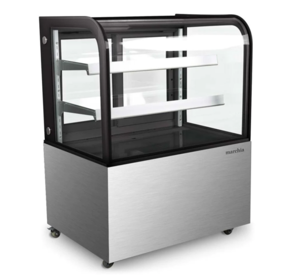 Marchia Refrigerated Bakery Display Case, 36"W, 10.4 cu. ft. capacity, bottom mounted self-contained mounted refrigeration, curved front tempered glass, sliding rear doors, (2) adjustable glass shelves, 36.6° to 47.4°F temperature range, digital temperature control, automatic defrost, LED interior lighting, stainless steel base, (4) casters (2 with brakes), R290 Hydrocarbon refrigerant, 480 watts, 110-120v/60/1-ph, 3.7 amps, cord, NEMA 5-15P, NSF, cETLus, ETL-Sanitation, UL, CSA