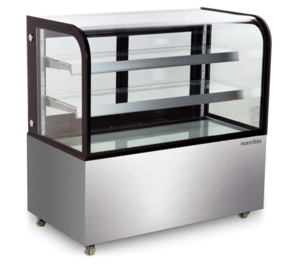 Marchia Refrigerated Bakery Display Case, 47-4/5"W, 14.1 cu. ft. capacity, bottom mounted self-contained mounted refrigeration, curved front tempered glass, sliding rear doors, (2) adjustable glass shelves, 36.6° to 47.4°F temperature range, digital temperature control, automatic defrost, LED interior lighting, stainless steel base, (4) casters (2 with brakes), R290 Hydrocarbon refrigerant, 490 watts, 110-120v/60/1-ph, 3.7 amps, cord, NEMA 5-15P, NSF, cETLus, ETL-Sanitation, UL, CSA