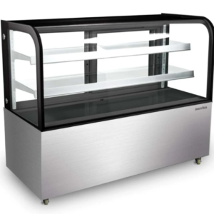 Marchia Refrigerated Bakery Display Case, 59-3/5"W, 18.0 cu. ft. capacity, bottom mounted self-contained mounted refrigeration, curved front tempered glass, sliding rear doors, (2) adjustable glass shelves, 36.6° to 47.4°F temperature range, digital temperature control, automatic defrost, LED interior lighting, stainless steel base, (4) casters (2 with brakes), R290 Hydrocarbon refrigerant, 490 watts, 110-120v/60/1-ph, 4.0 amps, cord, NEMA 5-15P, NSF, cETLus, ETL-Sanitation, UL, CSA